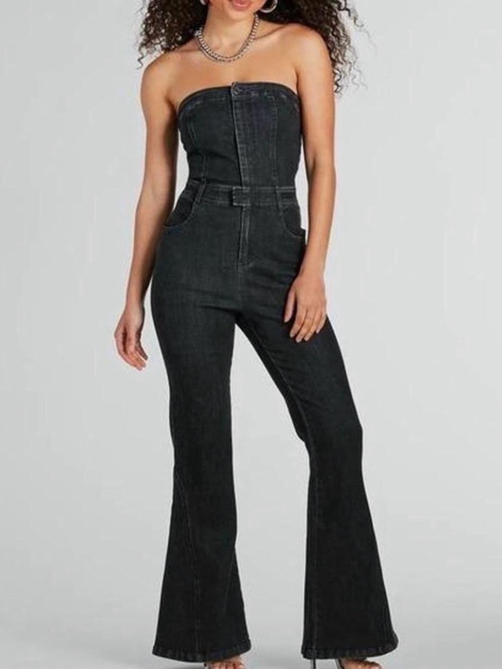Windsor Black Denim strapless flare jumpsuit, front button hidden zipper closure